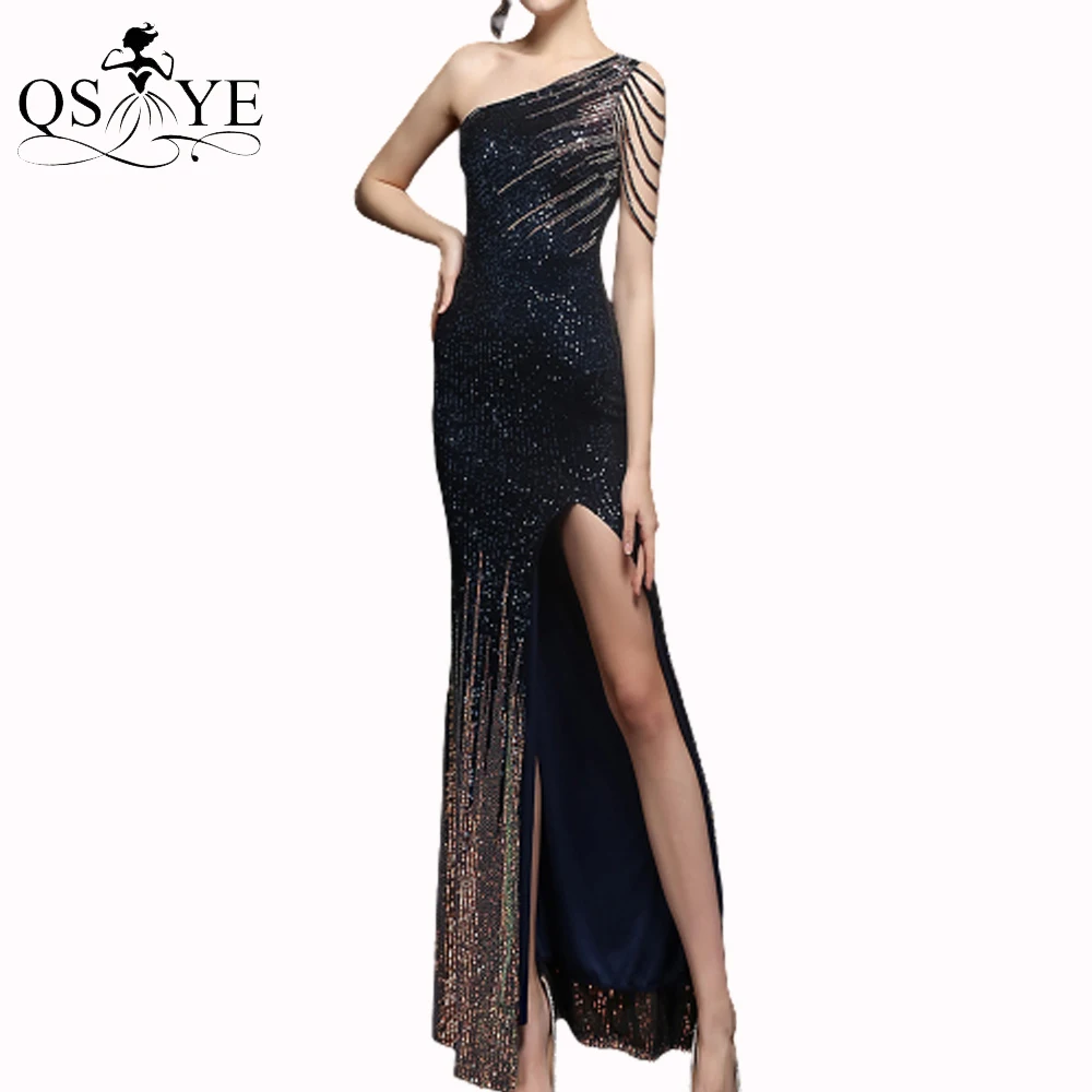 

Sparkle Navy Prom Dresses Beading Straps Mermaid Sequin Evening Gown Sexy Split Pattern Lace One Shoulder Chic Formal Party Gown
