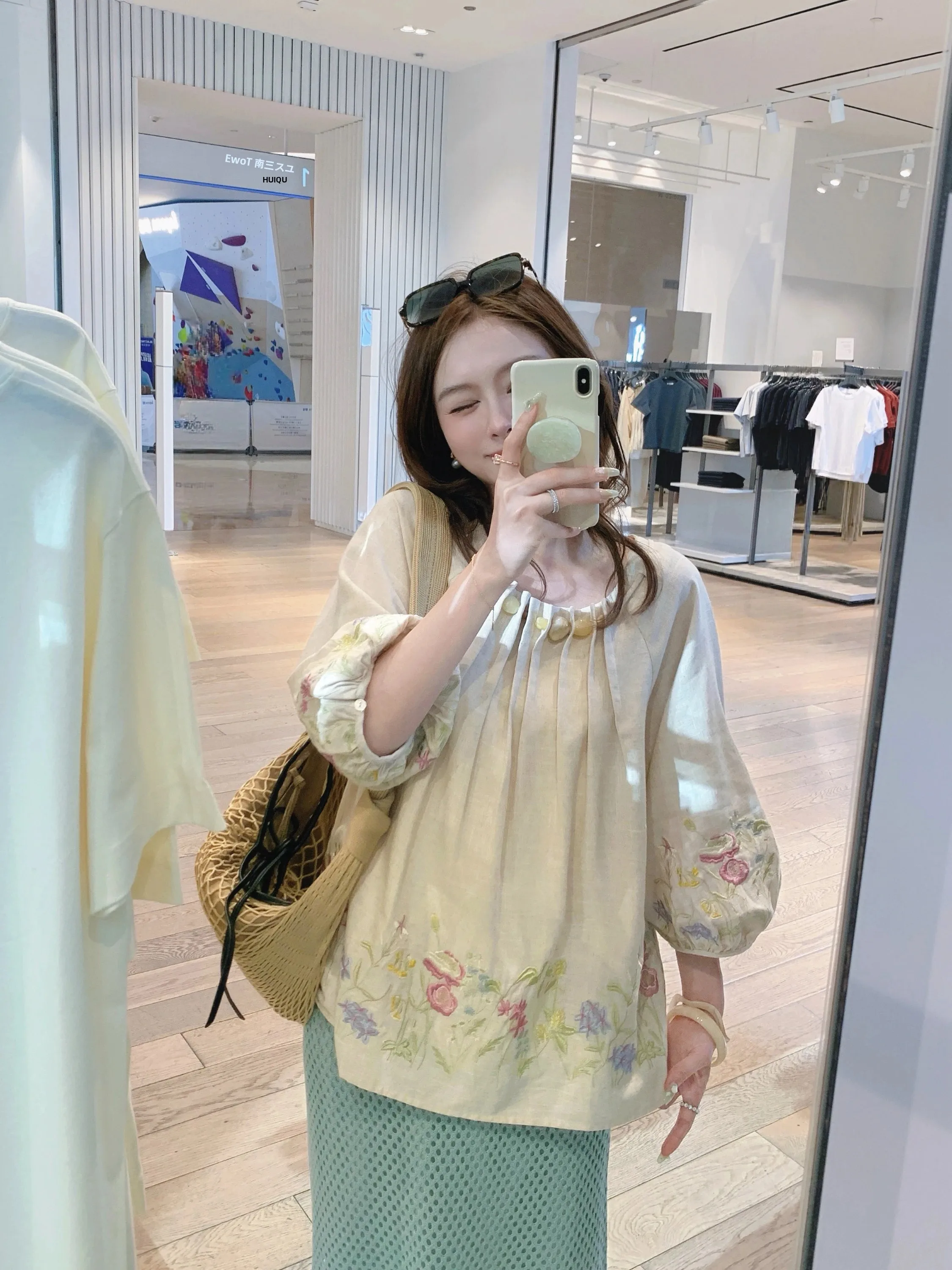 

Elegant Linen Embroidered Dress Spring Floral Script Mid-Sleeve Beaded Skirt Design Sensation City Commute Women's Dress