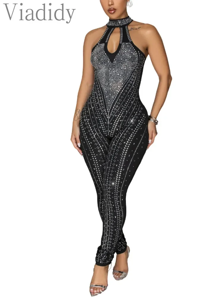 

Женские сексуальные однотонные прозрачные комбинезоны из прозрачной сетки без рукавов с лямкой на шее и стразами, узкие комбинезоны