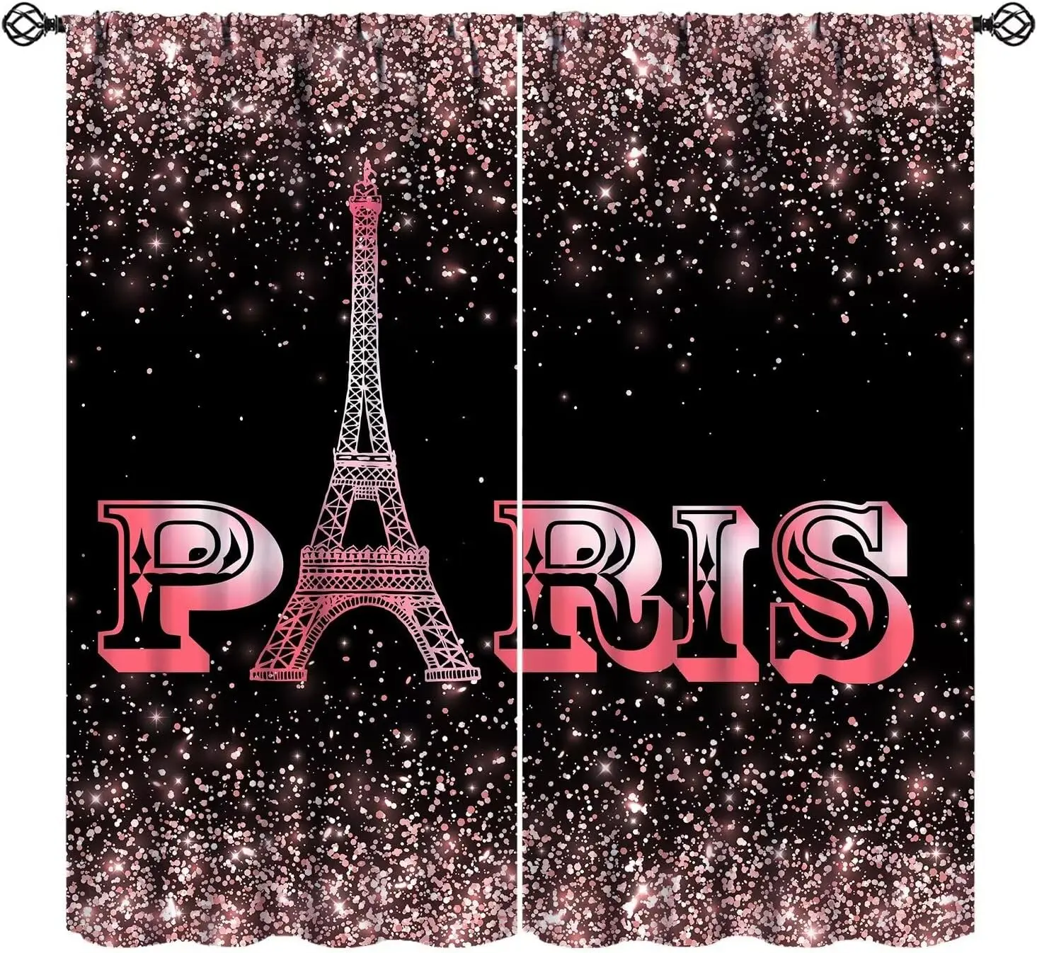 Romantic Paris Curtains Rose Gold Eiffel Tower Modern City Starry Sky Bling France Scenery Blackout Rod Pocket Window 2 Panels