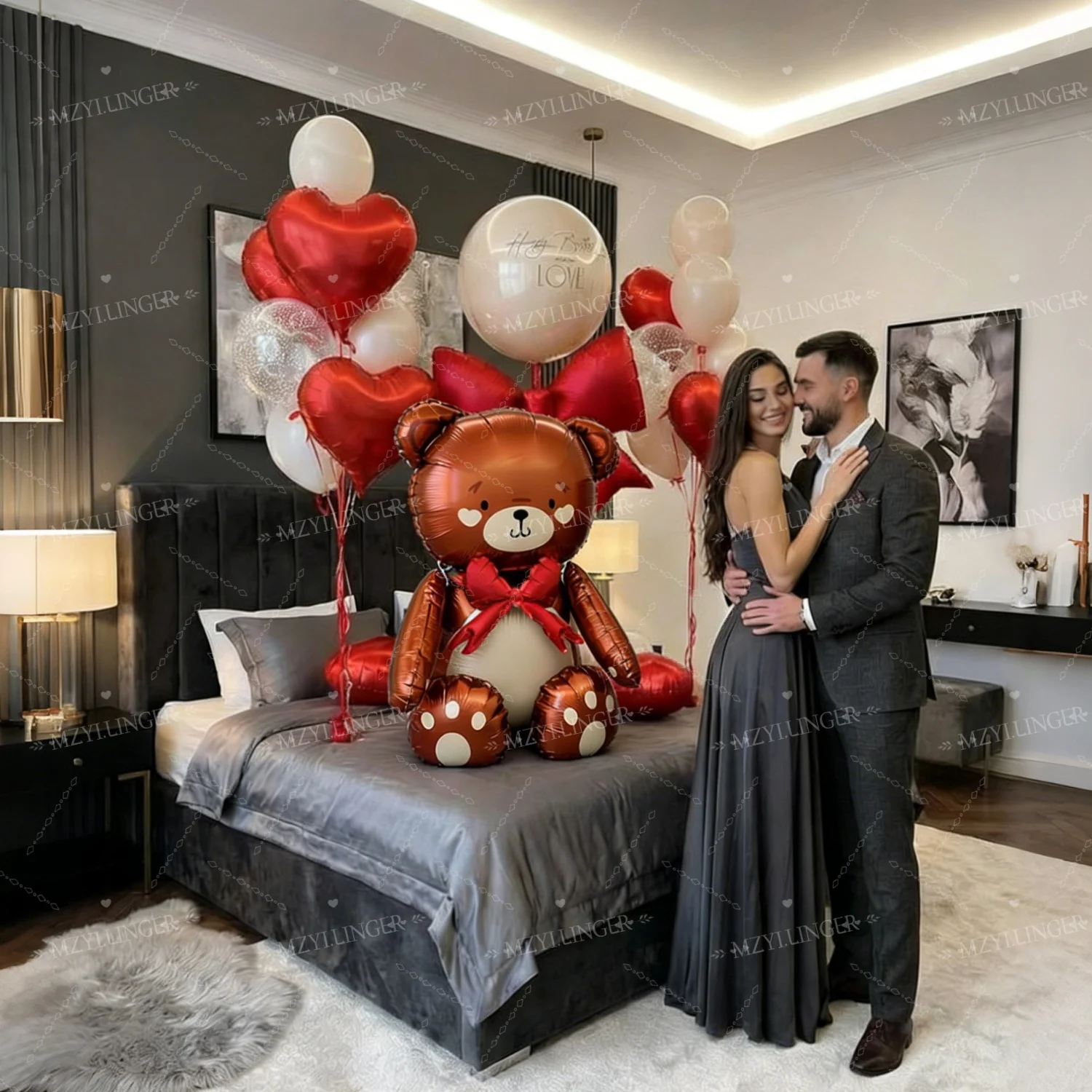 Brown Teddy Bear Balloon Set, Red Bow and Red Heart Balloon for Birthday, Wedding Season, Mother's Day Shower, Anniversary Decor - Detail 1