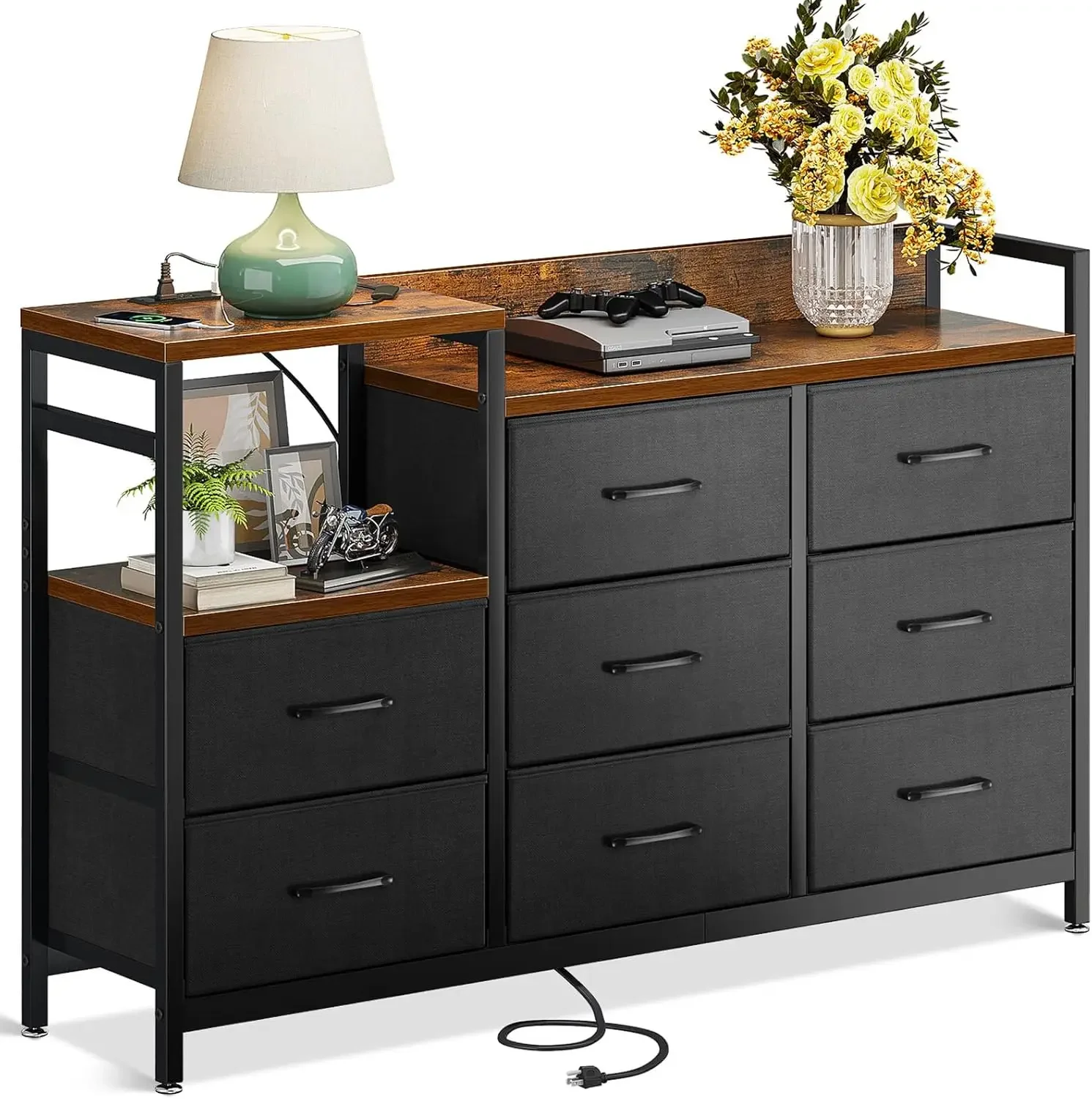 Dresser with Charging Station 52-Inch TV Stand for Bedroom Large 8 Storage Drawer Chest of Drawers for Living Room