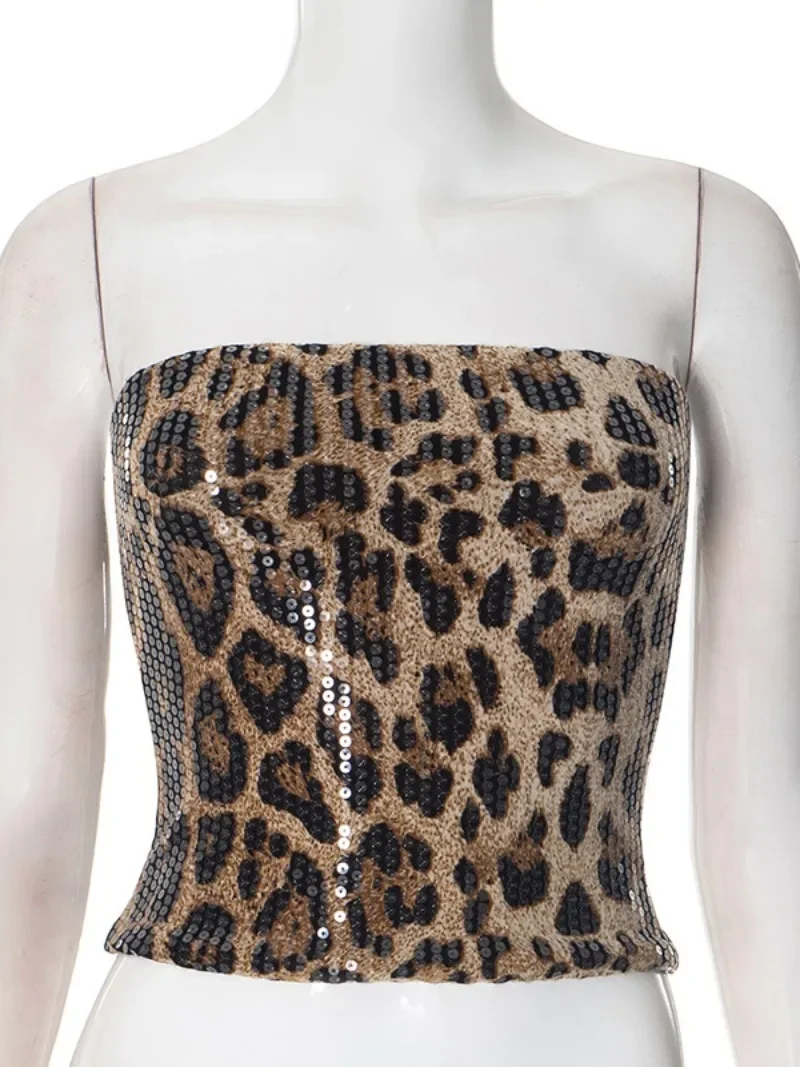 Sexy Chic Leopard Printed Corset Tops Women\'s Fashion Skinny Zip-up Sequins Crop Tops Strapless Night Club Outfit Streetwear