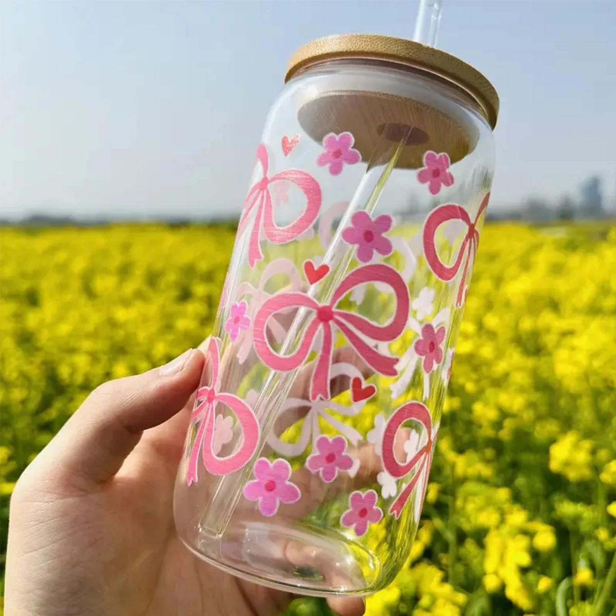 16oz Transparent Glass Tumbler Pink Bow Flower Sticker Drink Juice Cup Suitable For Hot And Cold Drinks In Summer