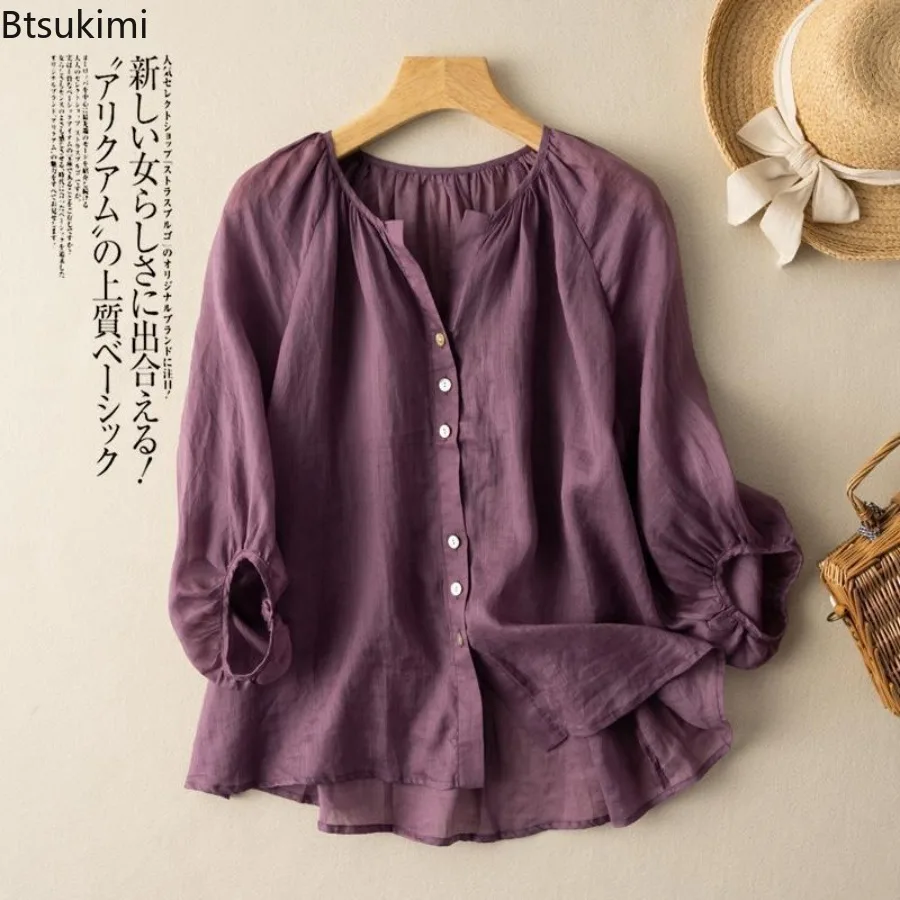 Women's Lantern Sleeve Cotton and Linen Shirt Tops Spring and Summer Fashion Large Size Literary Retro V-neck Casual Top Blouses