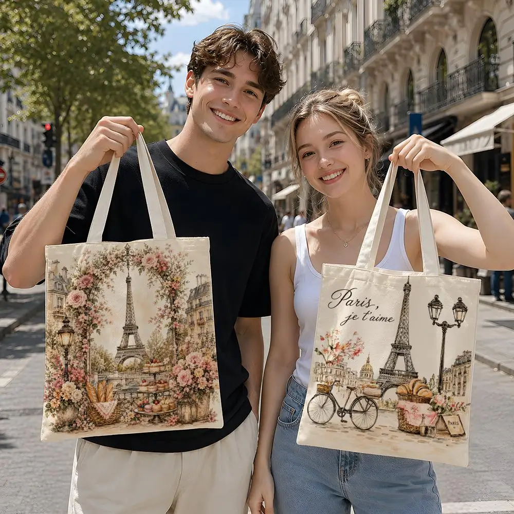Romantic Vintage Paris Storage Bags Reusable Canvas Tote Suitable for School Class Commuting Shopping as Gifts