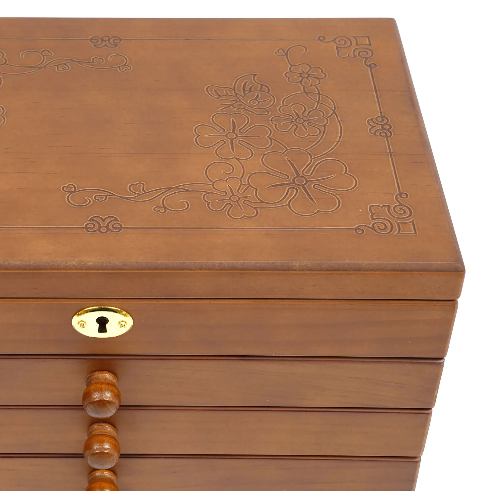 6-lagige braune Schmuckschatulle aus Holz, 29,5 x 18,5 x 25 cm, mit Spiegel-Sicherheitsriegel, zum Aufbewahren von Anhängern, Armbändern, Broschen und Halsketten – Detail 5