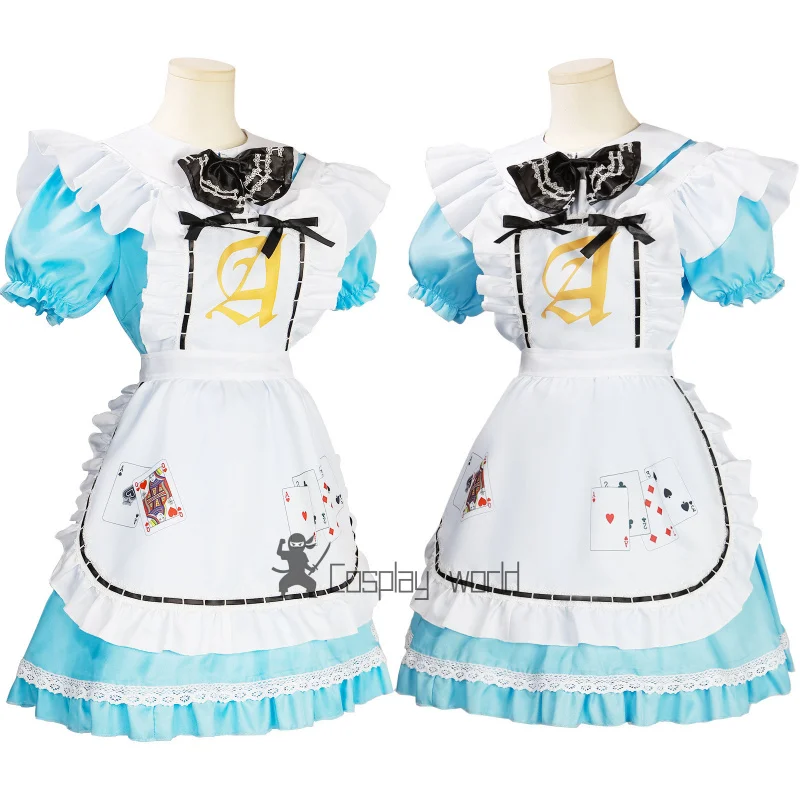 할로윈 여성 성인 애니메이션 앨리스 어드벤처 블루 파티 드레스 앨리스 카드 놀이 메이드 복장 로리타 코스프레 의상