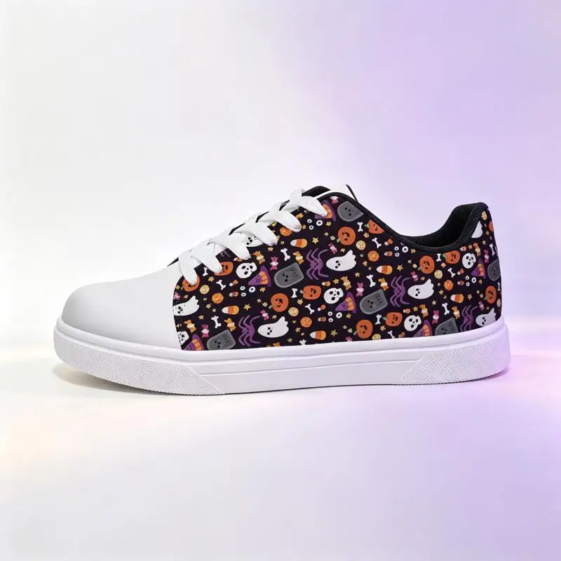 Ladies Men's Road Running Shoes，Halloween-themed printed casual sneakers，White soles with a festive ghost pumpkin pattern，Suitab
