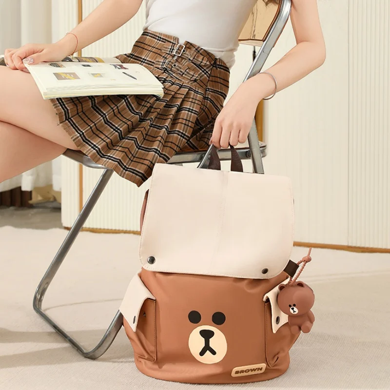 LINE FRIENDS Brown Cute Cartoon Backpack Student Girl Anime Kawaii Travel Casual Canvas Large Capacity Backpack Birthday Gift