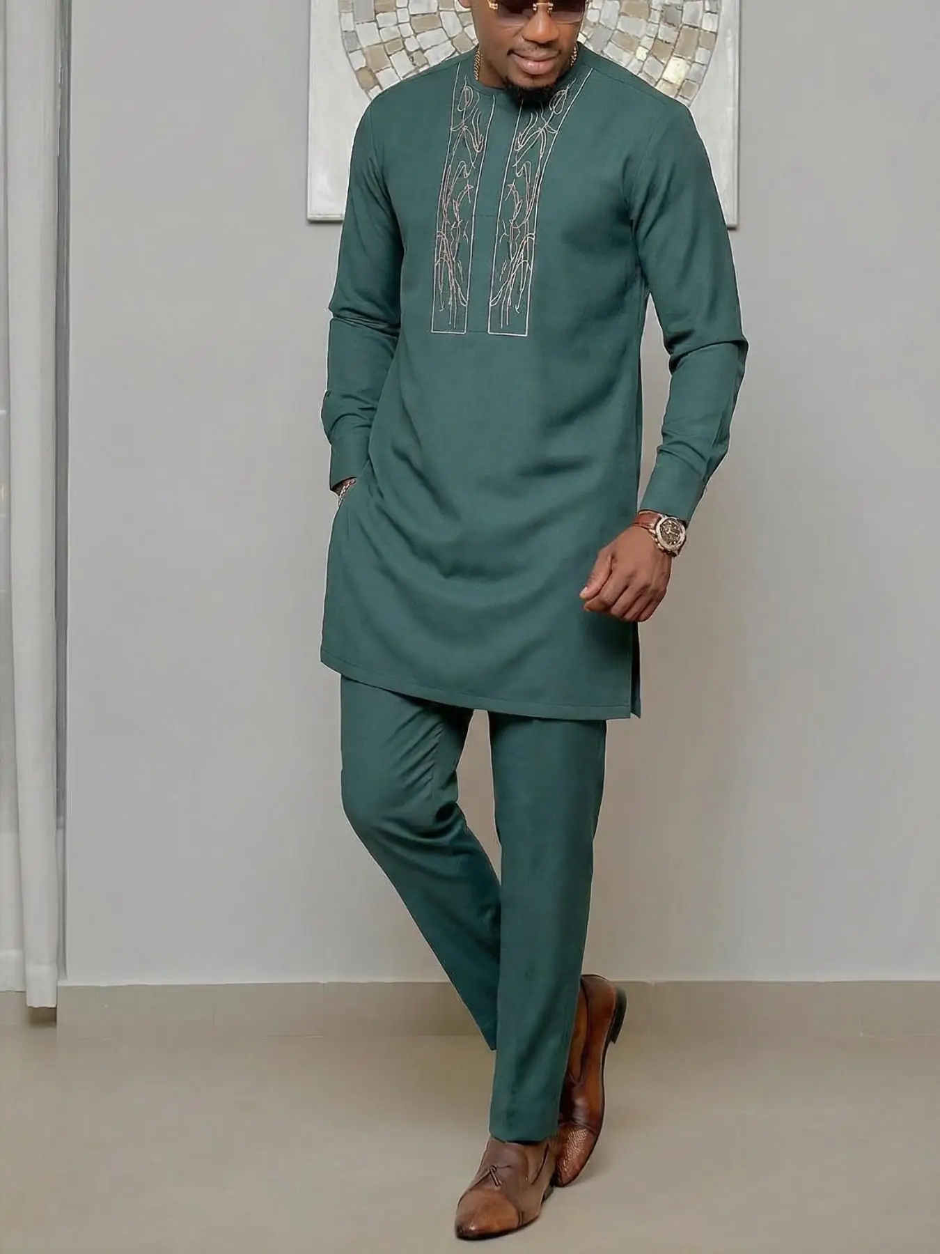 Olive Green African Middle East Embroidered Ethnic Style Wedding Party Banquet Two-Piece Set Formal Wear