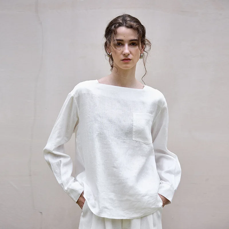 

Женская футболка в стиле ретро из 100% льна с воротником на одно плечо и длинными рукавами, осенняя повседневная свободная уличная одежда белого цвета, модные шикарные топы