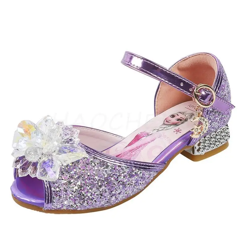 Sandalias Disney para niñas, nuevos zapatos de princesa Elsa, zapatos de verano de Frozen para niños, zapatos informales de cristal con lentejuelas,