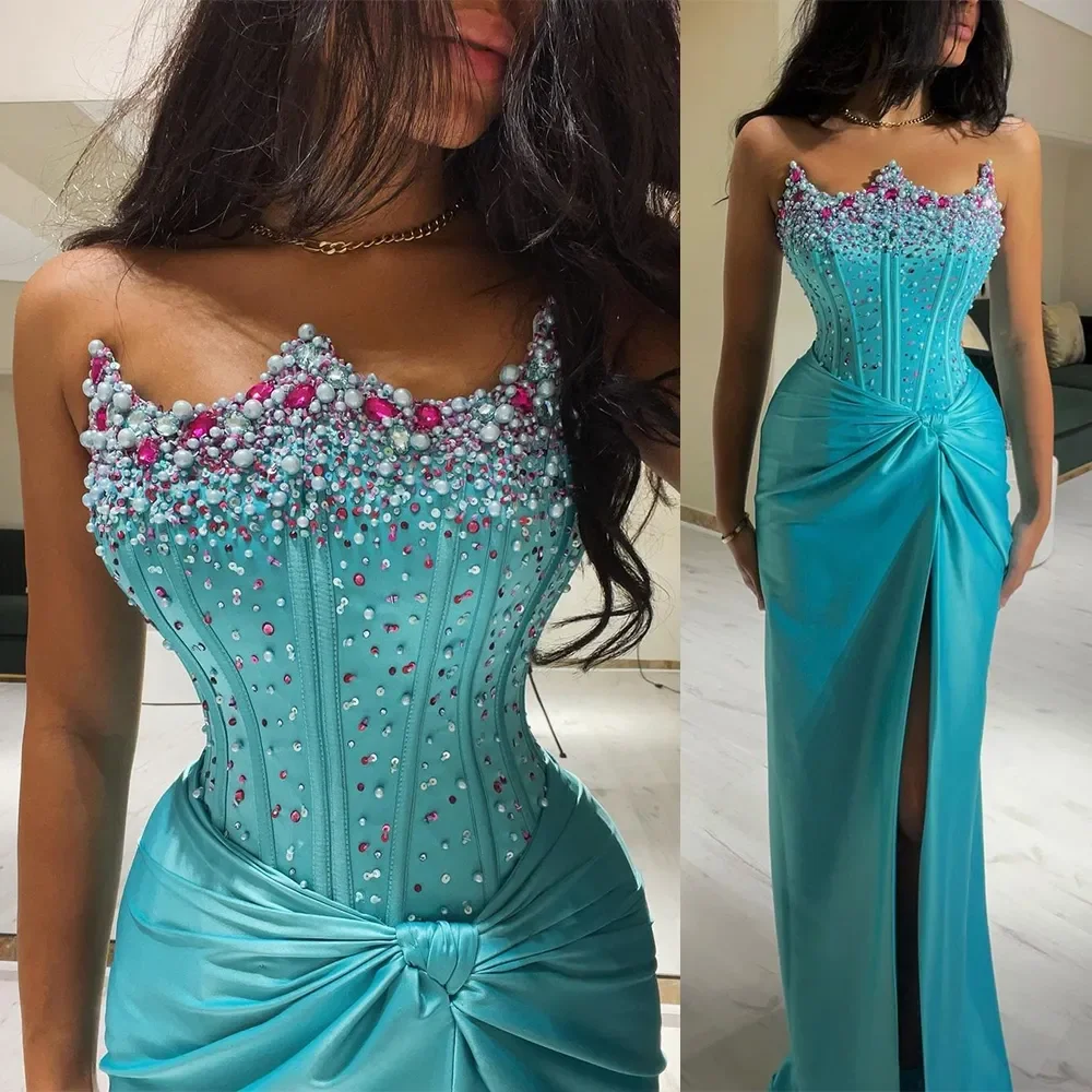 

Sexy Mermaid Sparkle Crown Evening Dresses For Women Blue Satin Beaded Party Dresses Formal Occasion Prom Gowns Vestidos De Gala