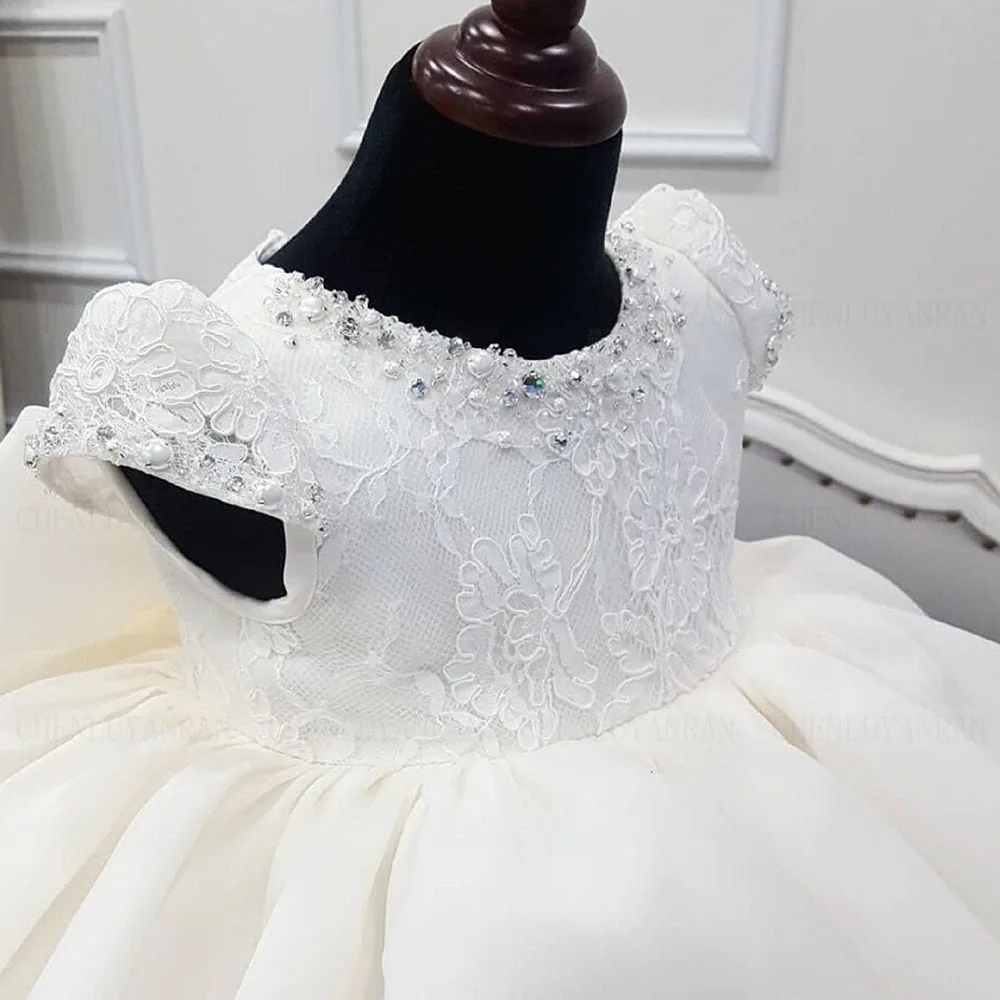 Organza a-line Flower Girl Dress o-collo Puffy Girls Princess Wedding Party Dress pizzo perline avorio abito da prima comunione