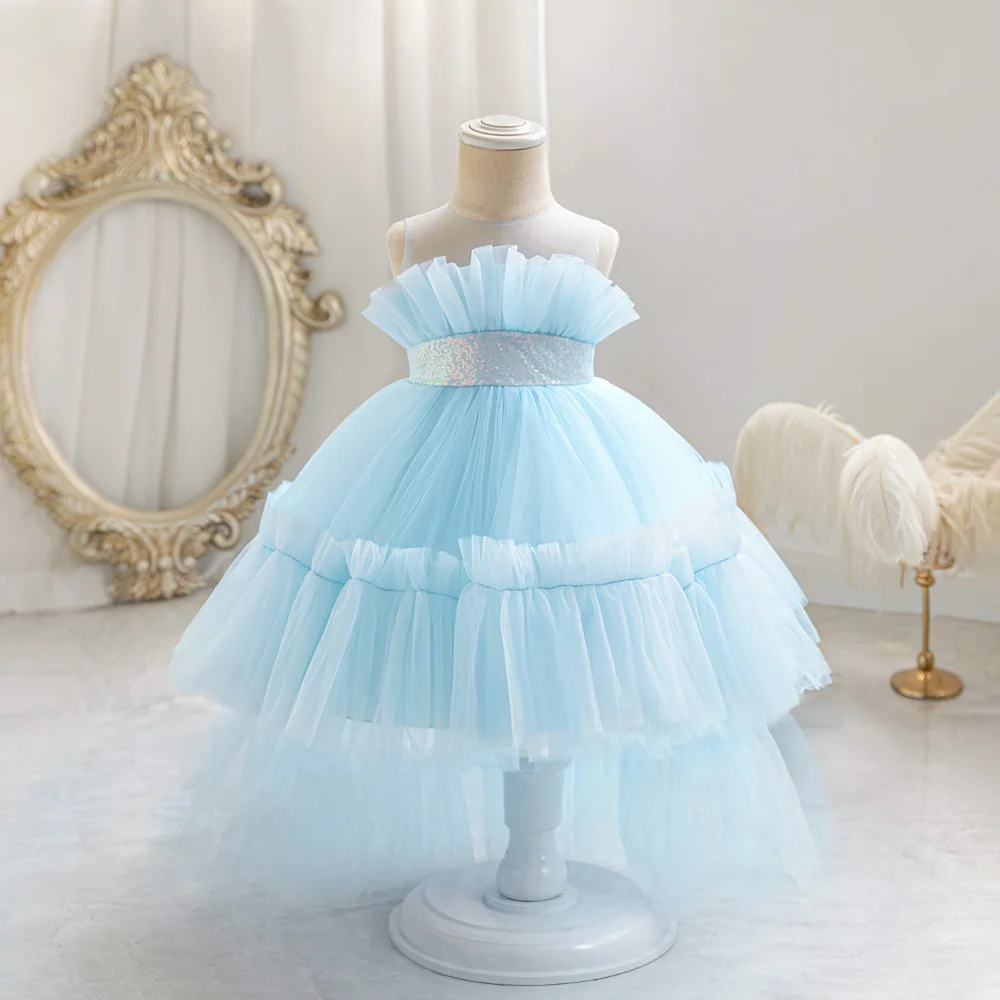 Fluffy Trailing Tulle Baby Girls Party Dresses Sequin Princess 1st Birthday Wedding Dress For Girl Elegant Bow Tutu Evening Gown