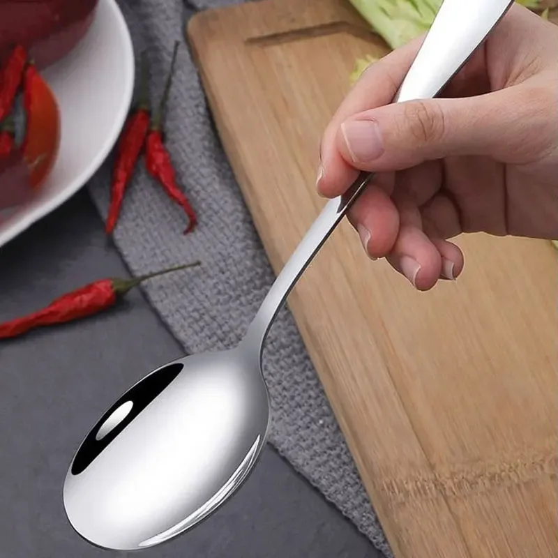 Large Stainless Steel Spoon Thicken Long Handle Soup Spoons Round Scoops for Hot Pot Colander Cooking Utensils Kitchen Tableware