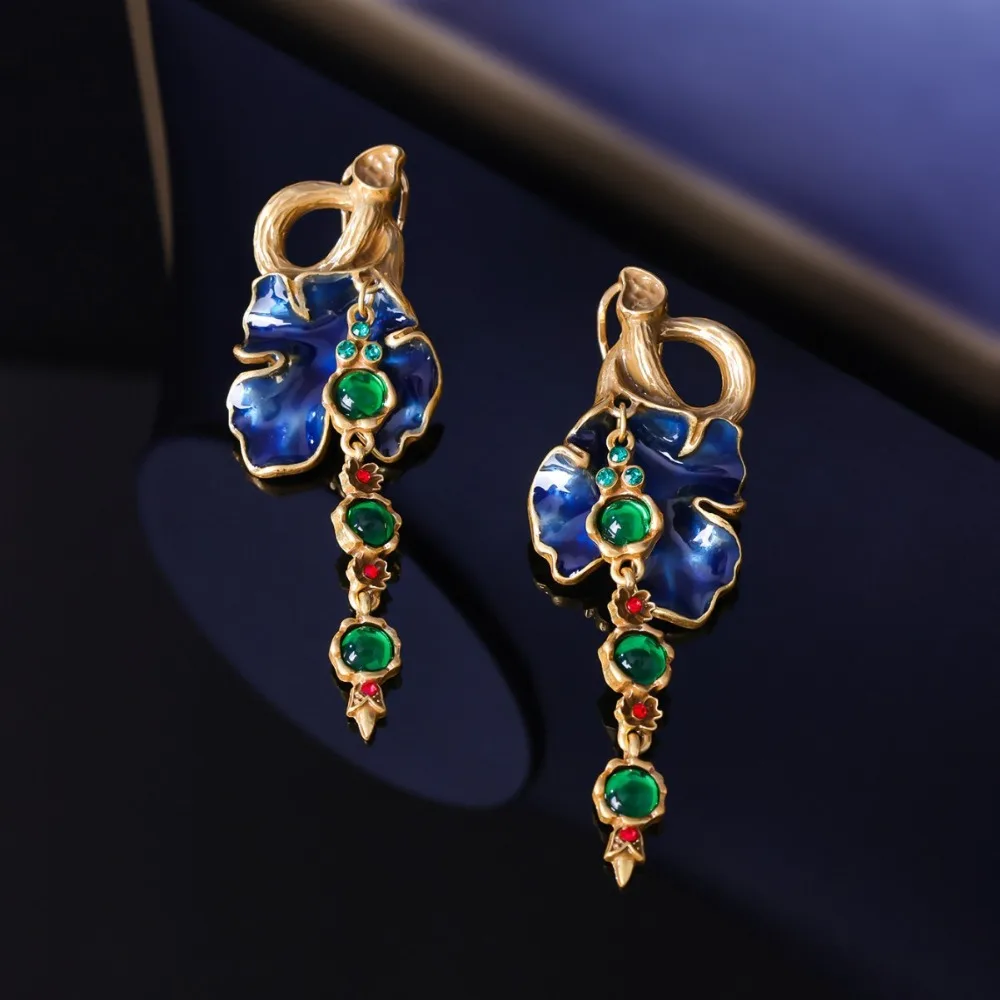 Retro Morning Glory Earrings, Personalized Heavy-duty Vintage Earrings, Glass Stone Encrusted Enamel Tassel Earrings for Women