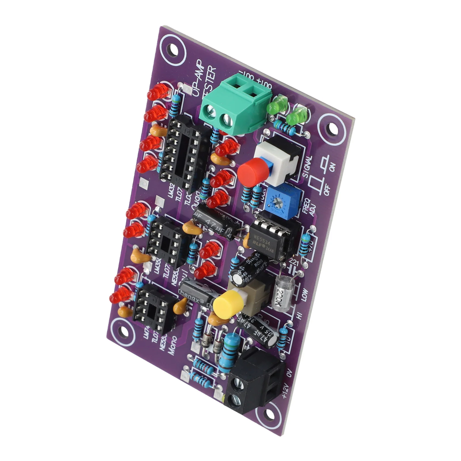 Test Platform for 12V DC OPAMPs with Integrated LED to Visualize Output from For Single Dual Quad Operational Amplifiers