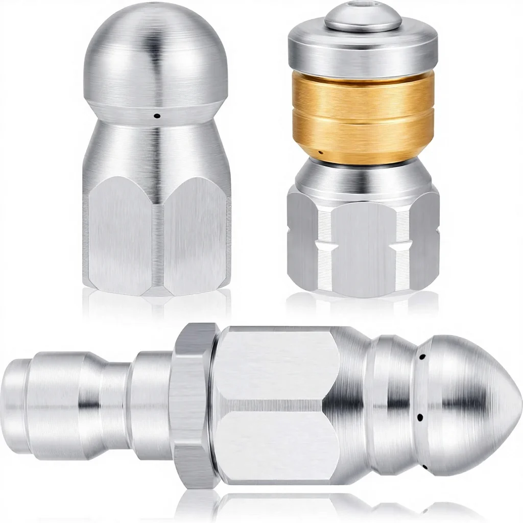 

3-Piece Stainless Steel Pressure Washer Sewer Jet Nozzle Kit Rotating Button Nose 1/4" Quick Connector 5000 PSI Silver
