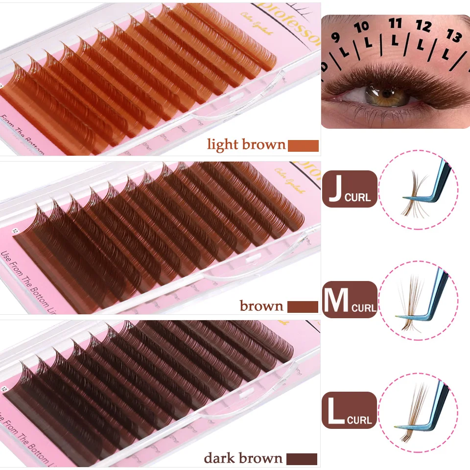 Lashprofessor Dark Brown L Curl Individual Lash Extensions L/M/J Curl Classic Volume Brown Colored Cashmere Eyelash Extensions