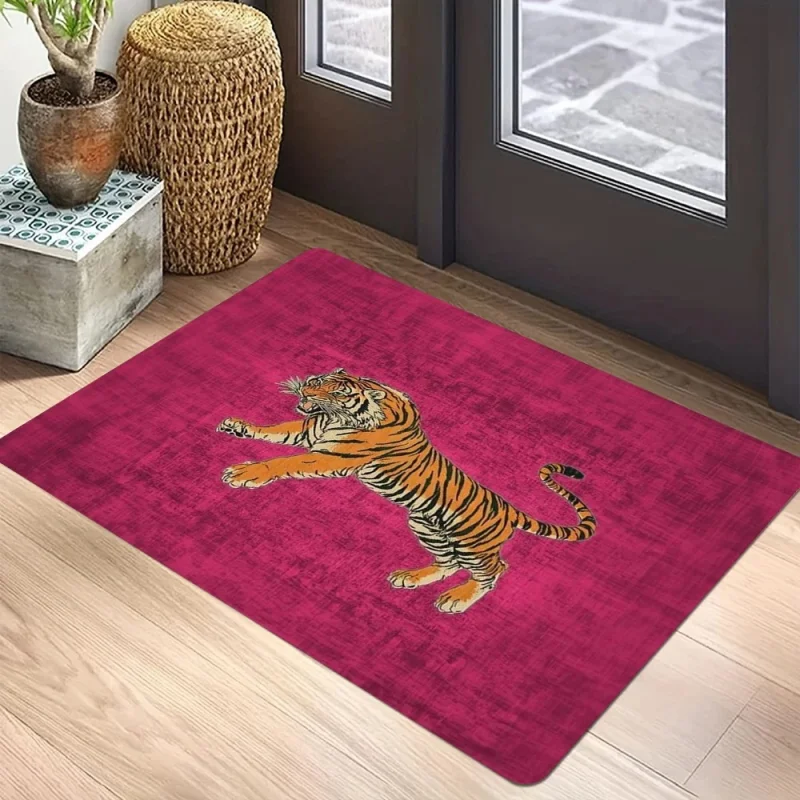 VIKAMA Vintage Tiger Standing Black Japanese Ukiyo e Wildlife Art Flannel Door Mat Non Slip Entryway Bedroom Living Room Home