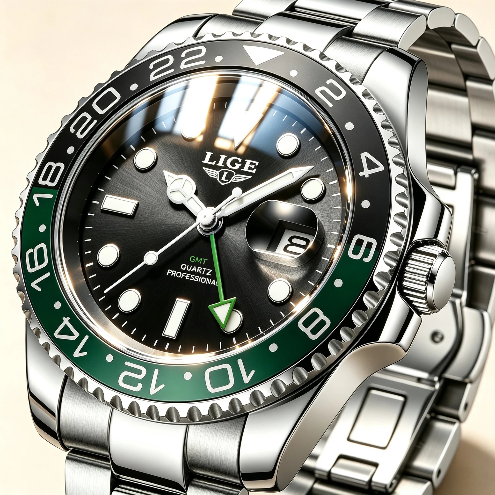 LIGE Top-Marke Mode Herren GMT Quarzuhr Luxus Edelstahl Wasserdicht Leuchtend Datum Business Herrenuhren Reloj Hommes
