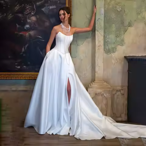Satin Strapless A-Line Wedding Dress Backless Corset Evening Dress فستان ماركه свадебное платье