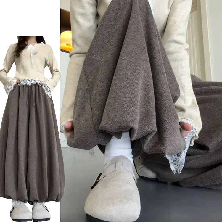

Khaki Lazy Knitted Rice Noodle Pants Skirt Women's High Waist Loose Casual Spring Autumn New Sle Wide Leg ket Pants