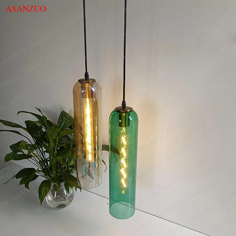 

Restaurant Glass light fixtures White Blue Green Glass Hanging lamp Kitchen Island Living Bedroom Bedside Suspension Luminaires