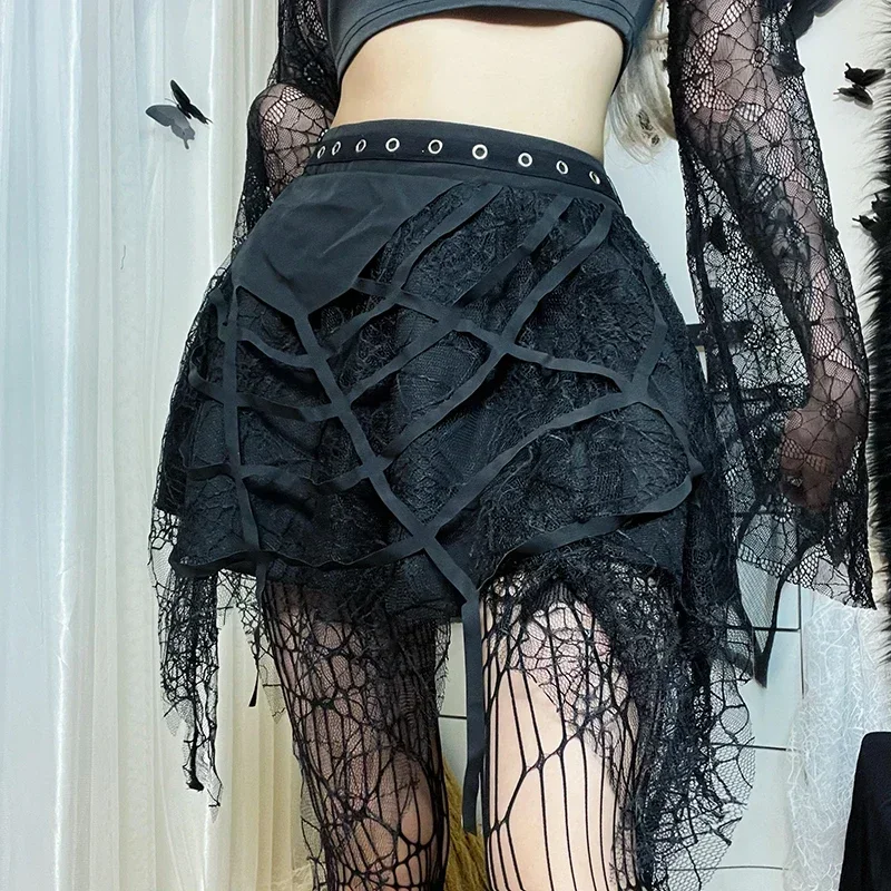 

Gothic Punk Black Mini Skirt Ladies Y2K Harajuku Spider Web Patchwork Lace Skirt College Wind Trend Joker Tulle Skirt Streetwear