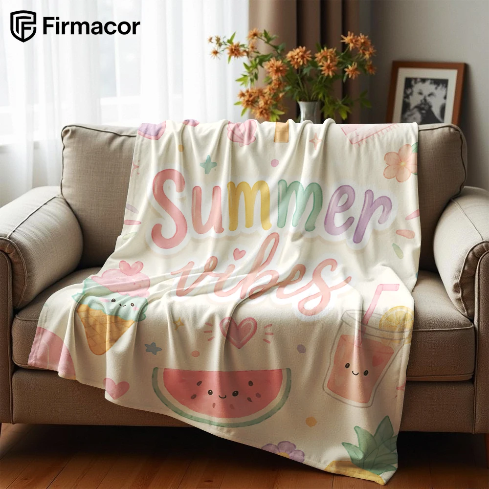 Cute Summer Beach Sticker Soft Flannel Blanket Breathable Warm Throw for Office Car Sofa Kids Room Birthday Xmas Gift