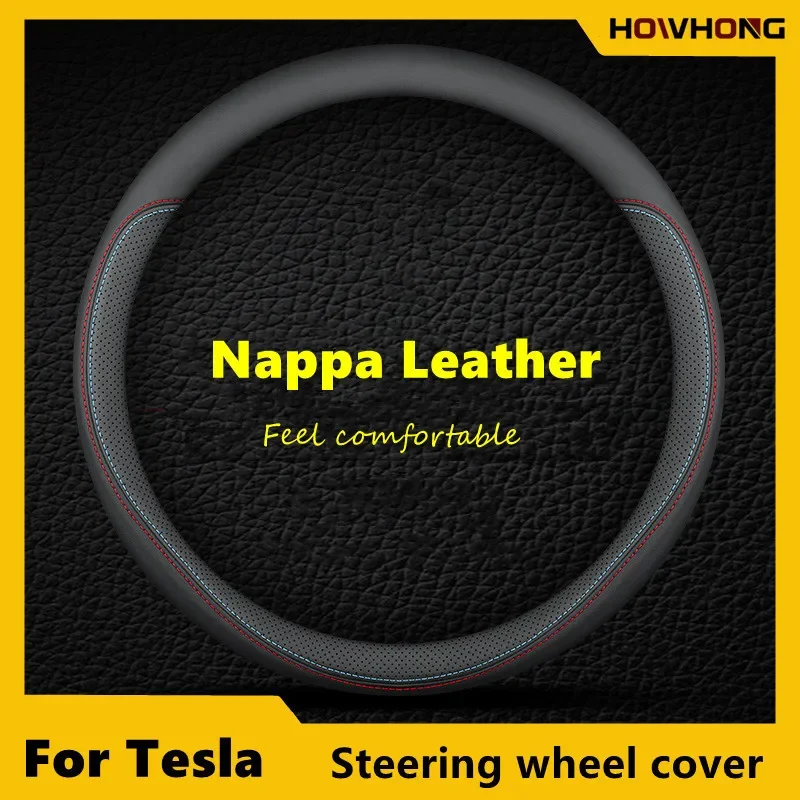 Nappa Leather Car Steering Wheel Cover For Tesla Model 3 Y S X 2019 - 2025 4 Seasons 36-38 CM Black Auto Interior Accessories