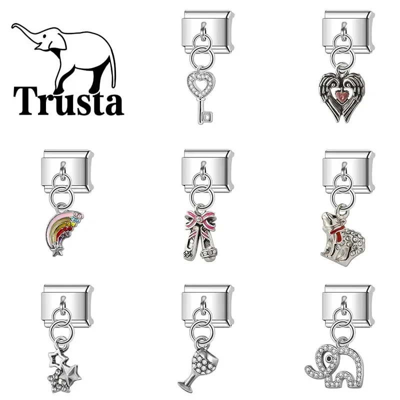 Trusta 2024 New Fashion Romantic Heart Shiny CZ Charm Italian Links Fit 9mm Bracelet Stainless Steel for Women DIY Jewelry N097