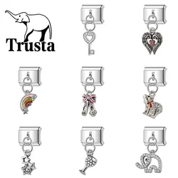 Trusta 2024 New Fashion Romantic Heart Shiny CZ Charm Italian Links Fit 9mm Bracelet Stainless Steel for Women DIY Jewelry N097