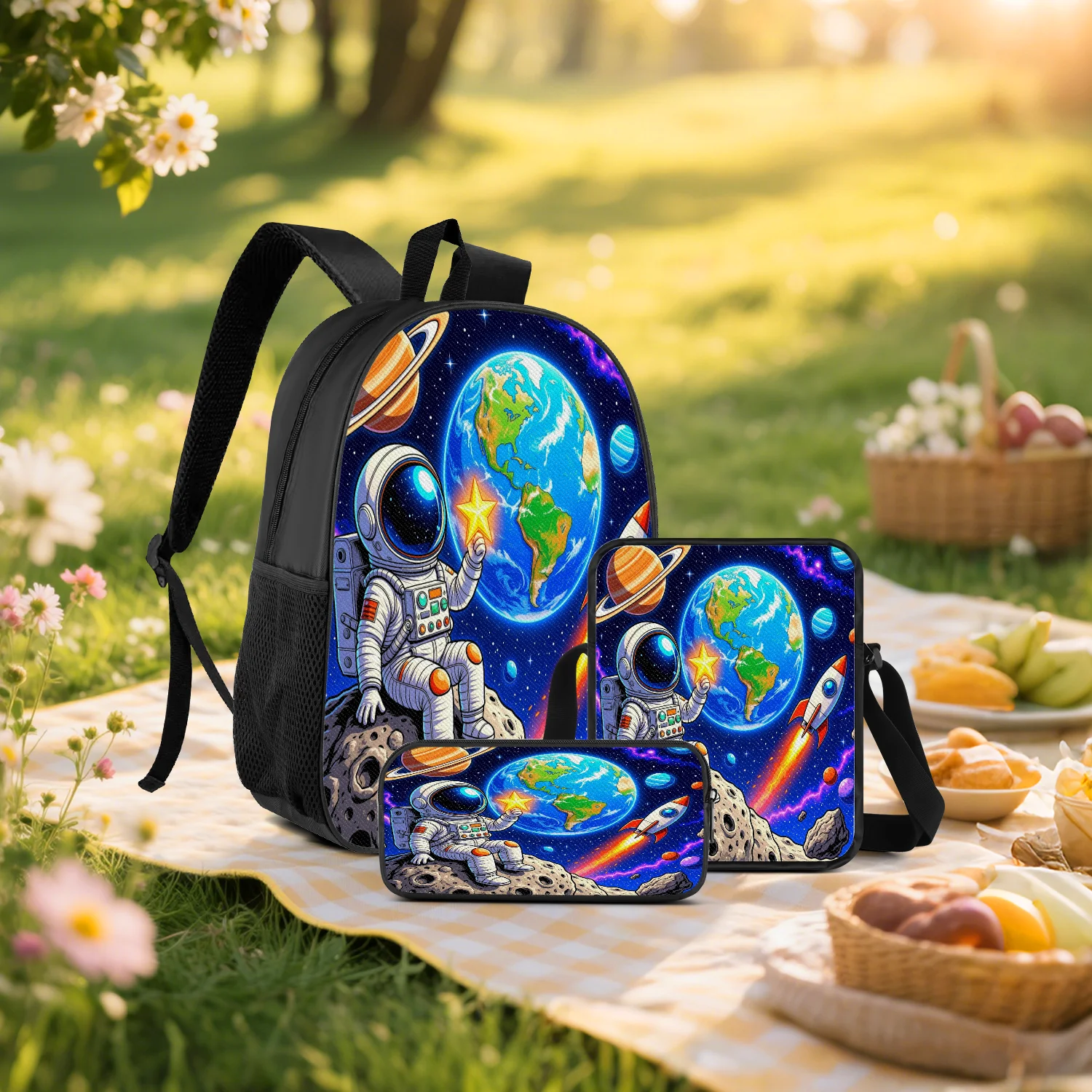 3-Piece Astronaut Planet Backpack Set with Backpack, Crossbody Bag & Pencil Case, Lightweight, Unisex