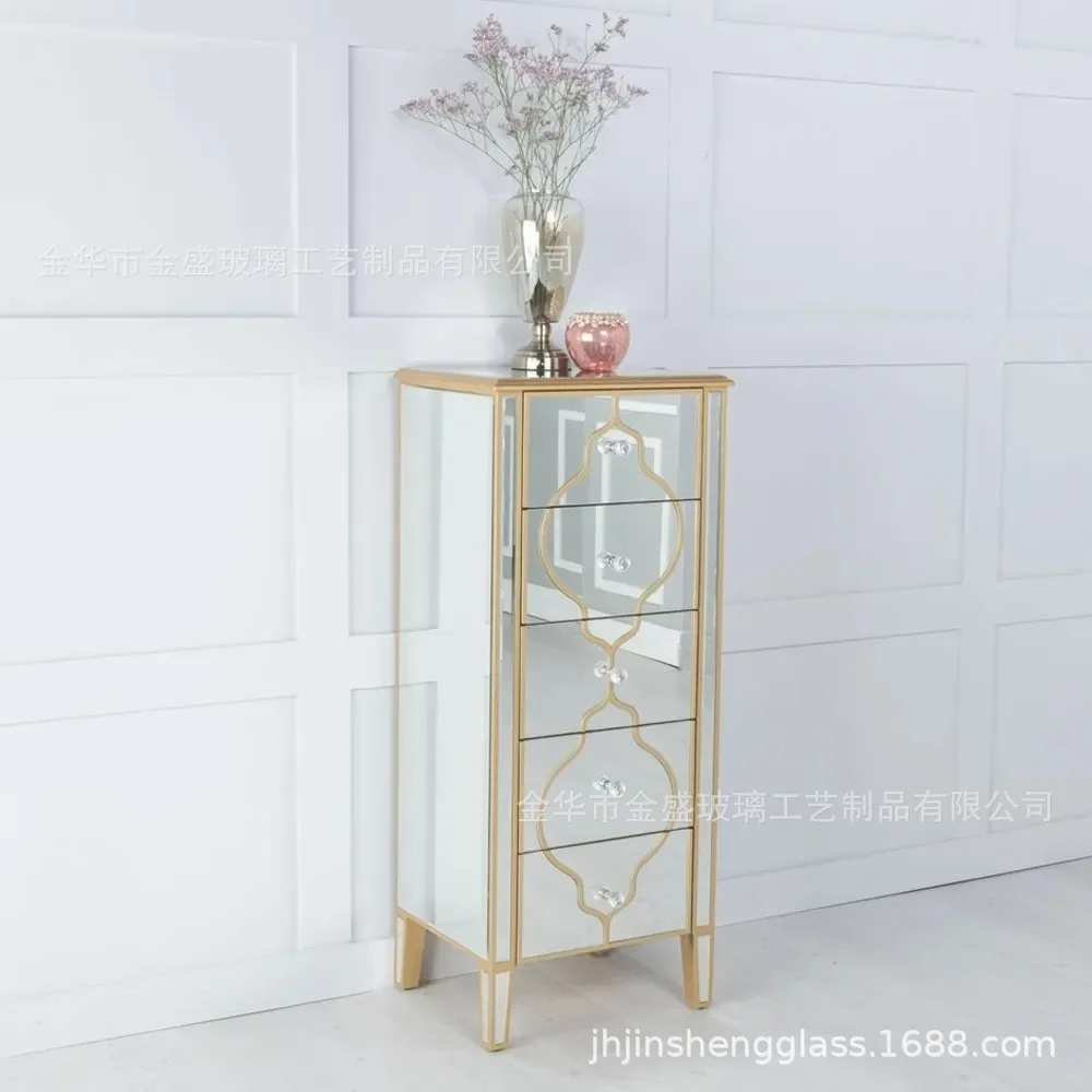 Mirror Furniture Silver Mirror 5 Drawer Narrow Cabinet, Gold Trim - Tall Cabinet