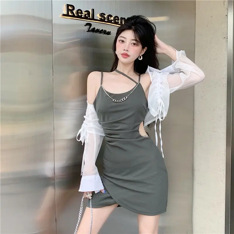 

Women Summer Fashion Set Asymmetrical Pleated Cami Dress Drawstring Long Sleeve Shirt With