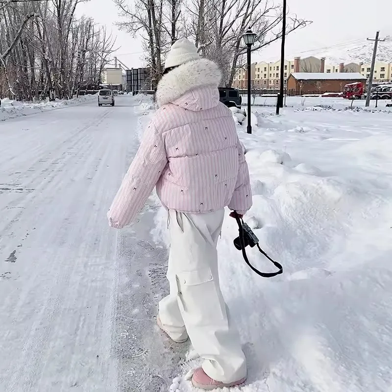 Winter Thickened  Warm  Loose Down Cotton Jacket Women's Bread Coat with Fur Collar Stripe Patterned Korean Snow Parkas