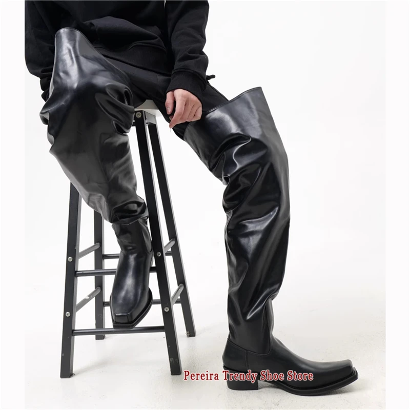 Autumn Winter New Upturned Toe Over The Knee Boots for Men Women Brand Design Black Leather Square Toe Slip-On Knight Boots