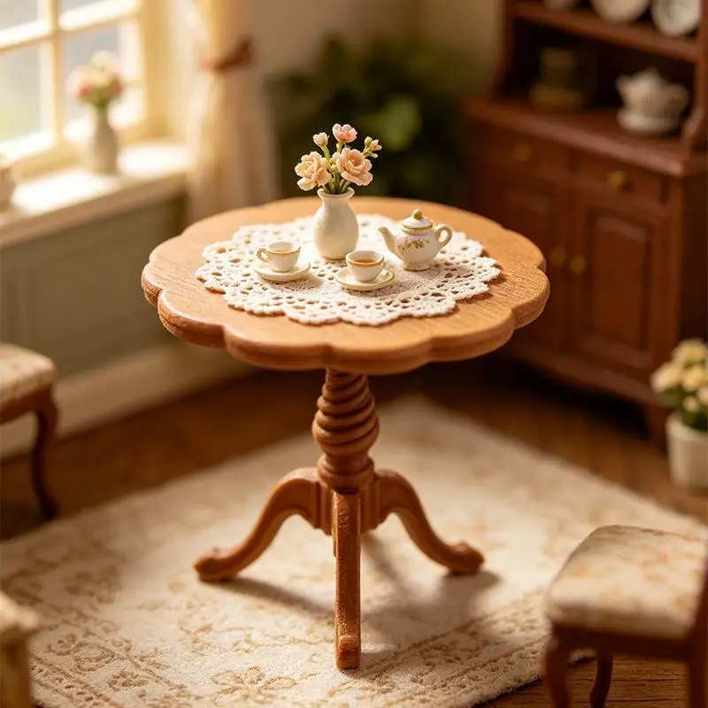 【New】1/12 Scale Dollhouse Miniature Furniture Model Miniature Round Table Retro Style Round Table Realistic Decor Accessories
