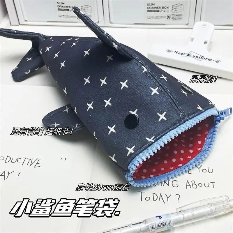 Creative Shark Canvas Pencil Case Large Capacity Durable Student Pen Bag School Stationery Organizer Storage Bag for Boys Girls