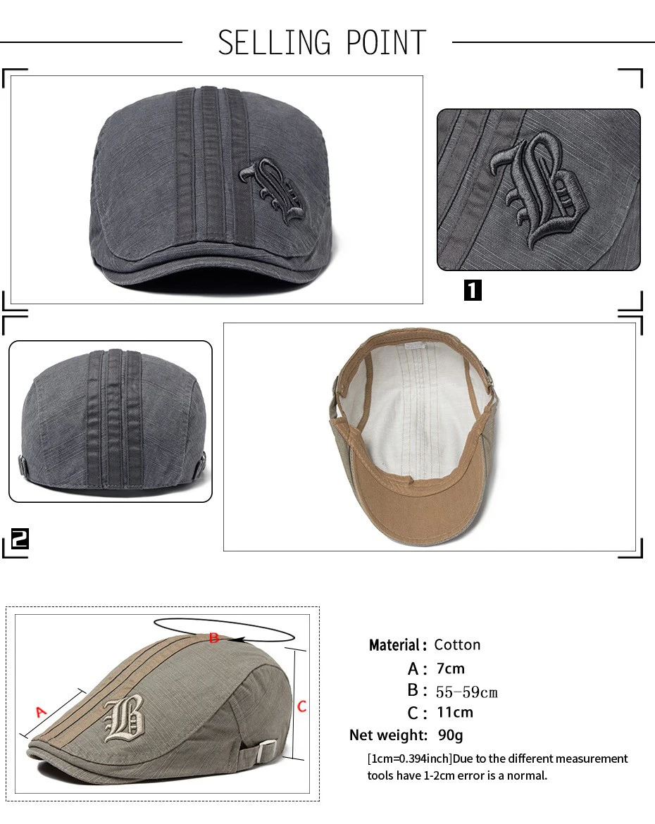 CNTANG Neue Männer Baskenmütze Mode Stickerei Flache Kappe Sommer Visier Für Männliche Mode Vintage Baumwolle Casual Berets Einstellbar – Detail 2
