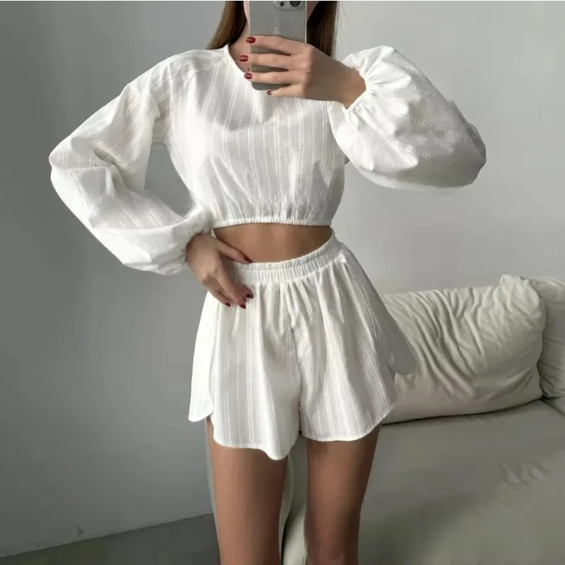 Krismile White 100% Women's Pajama Sets 2025 Lanterb Sleeve Sleepwear Tops Slit Casual Solid Color Shorts Female Pant Suit