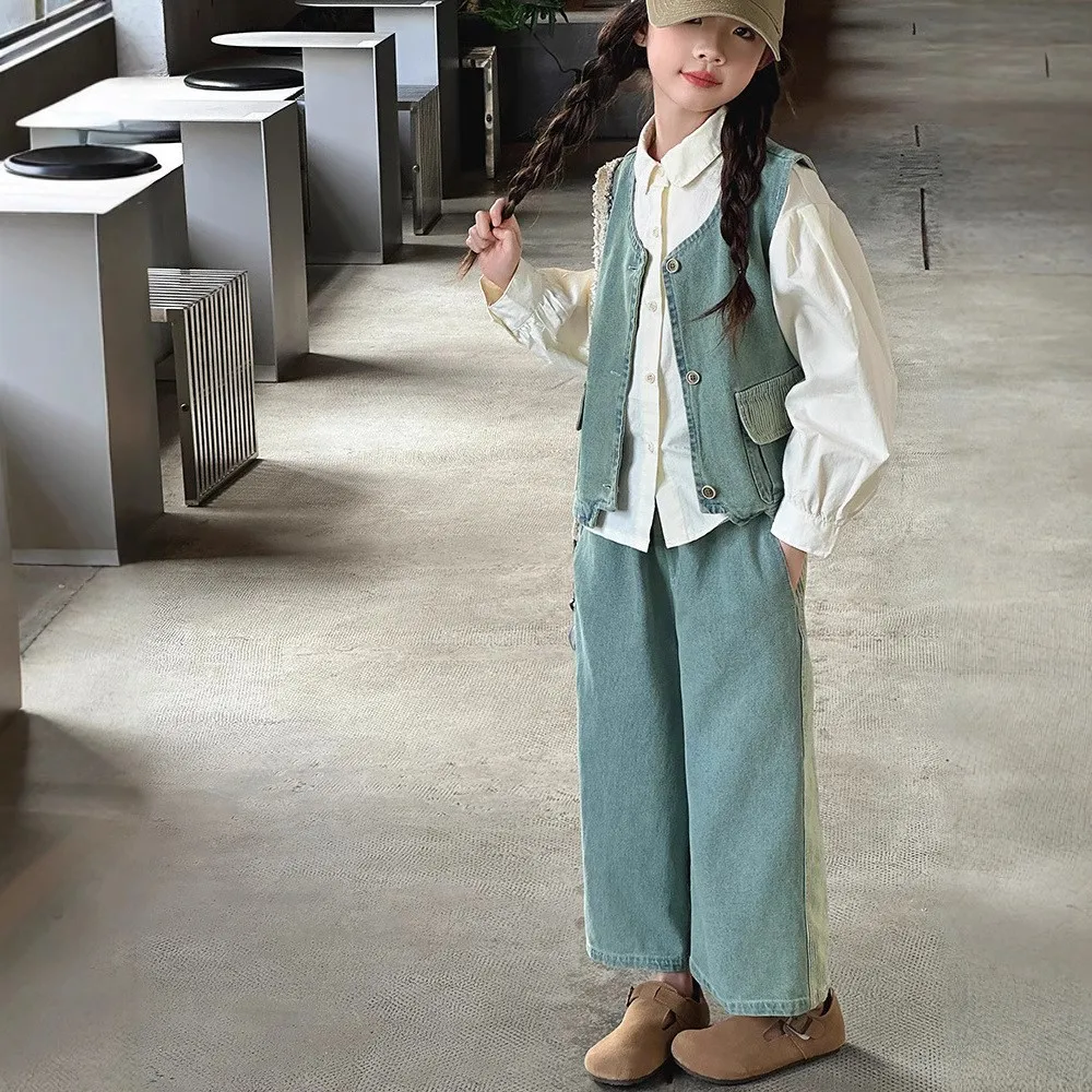

School Girls 3pcs Suits Autumn Korean Long Sleeves Solid T-shirt+Single-breasted Vest+Patchwork Denim Pant Children Girls Outfit