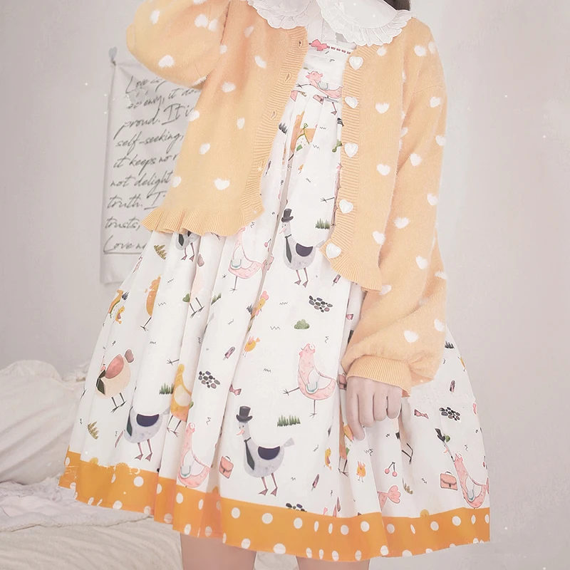 Kawaii Lolita Style Knitted Cardigan Women Sweet V-Neck Shape Button Long Sleeve Ruffle Sweater Coat Girl Outerwear Cute Clothes