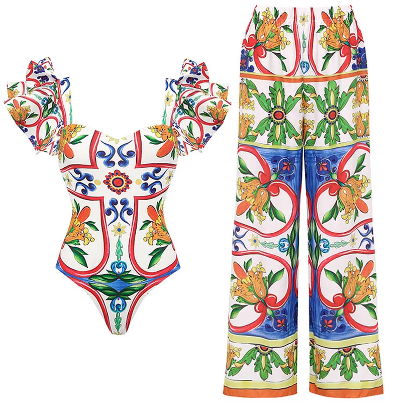 One-piece ชุดว่ายน้ําสตรี Lotus Leaf Edge พิมพ์ชุดว่ายน้ําชุดบิกินี่ชุดชายหาดสไตล์สวมชุด Maxi กระโปรง