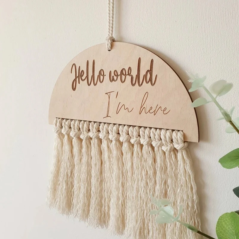 

10pcs Hello world I'm here macrame birth announcement sign boho baby arrival sign