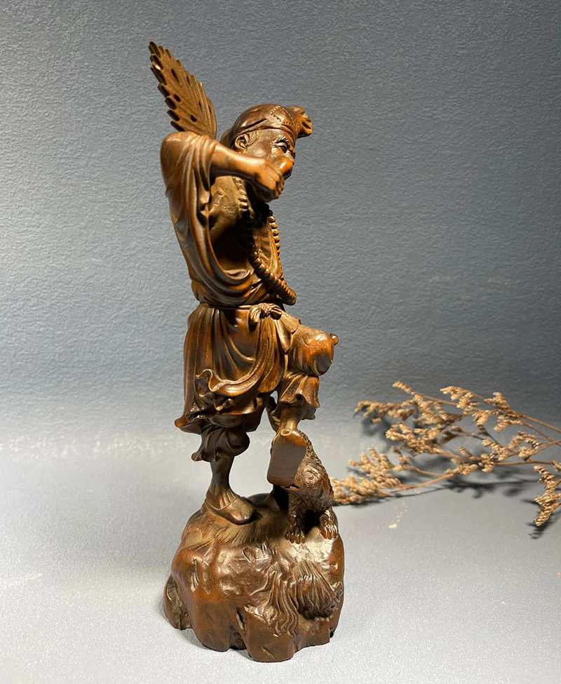 BY084 - 19 x 7 x 6.8 CM Carved Boxwood Figurine - Ji Gong Monk & Dog Playful