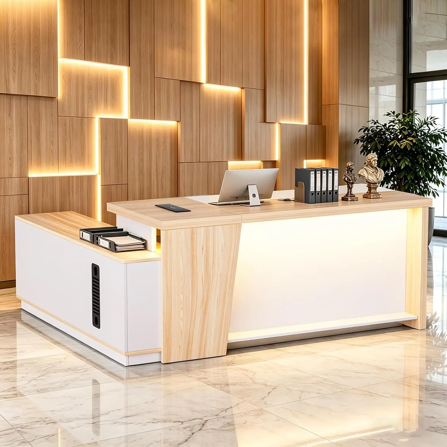78.7IN Modern Wooden Commercial L Shaped Reception Desk with Counter, Lockable Drawers, Door Cabinet, Front Desk, Customized